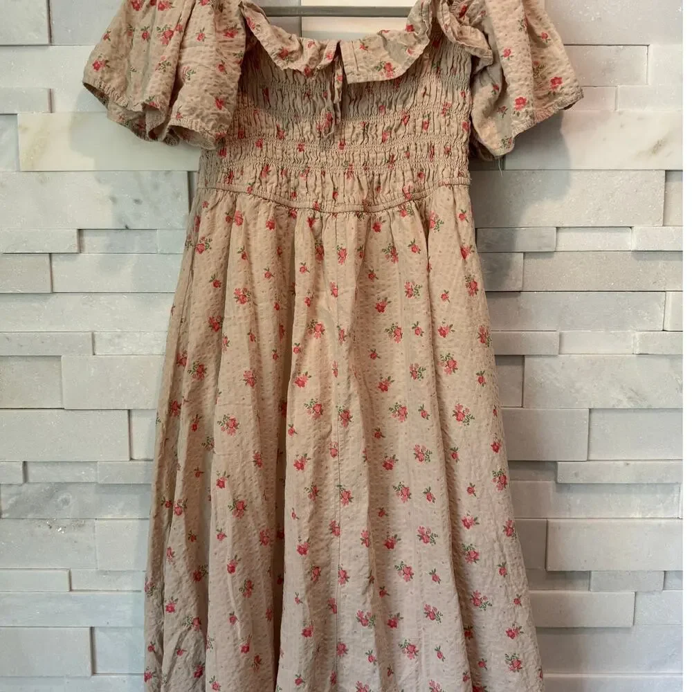 R VIVIMOS Cotton Floral Print Puff Sleeves Smocked Ruffles Midi Dress Beige XL - Picture 2 of 7
